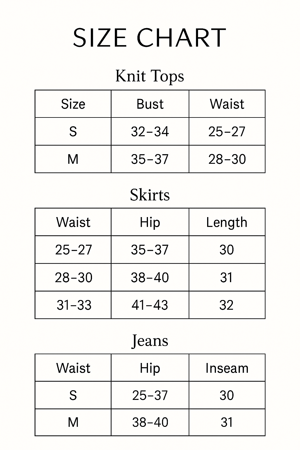 Size chart for knit tops, skirts, and jeans with measurements in inches.