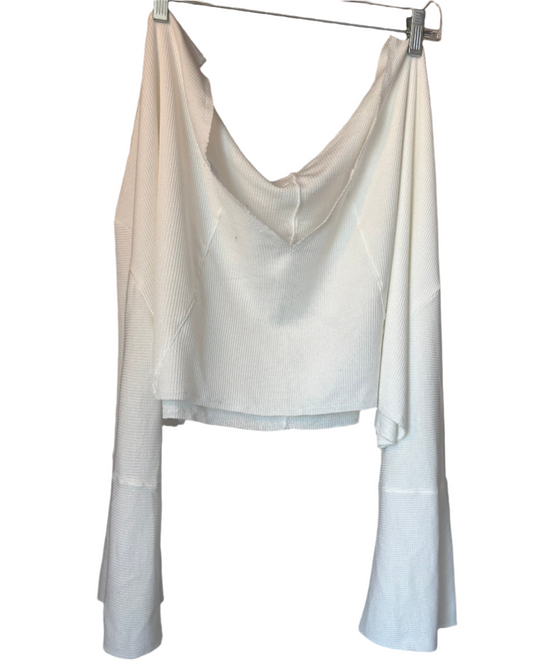 White Leightweight Knit Long Sleeve Top with V-Cut