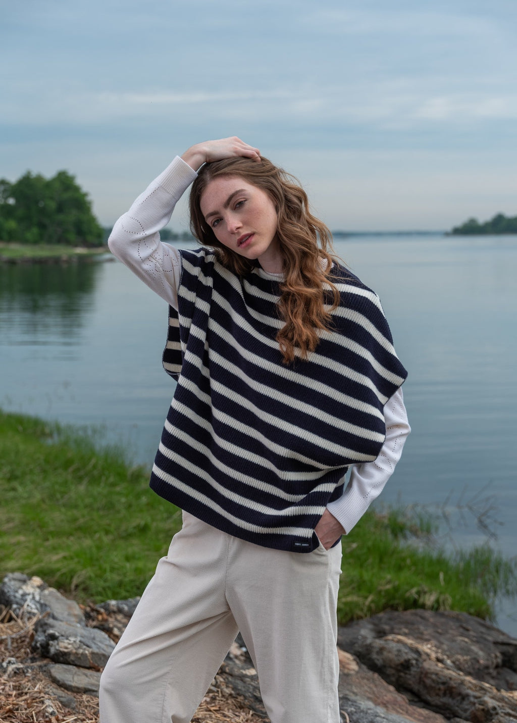 Saint James navy and ivory striped wool poncho