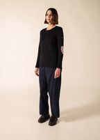 Saint James VAUJANY GEMINI navy wool sweater with red heart elbow patches - view 2