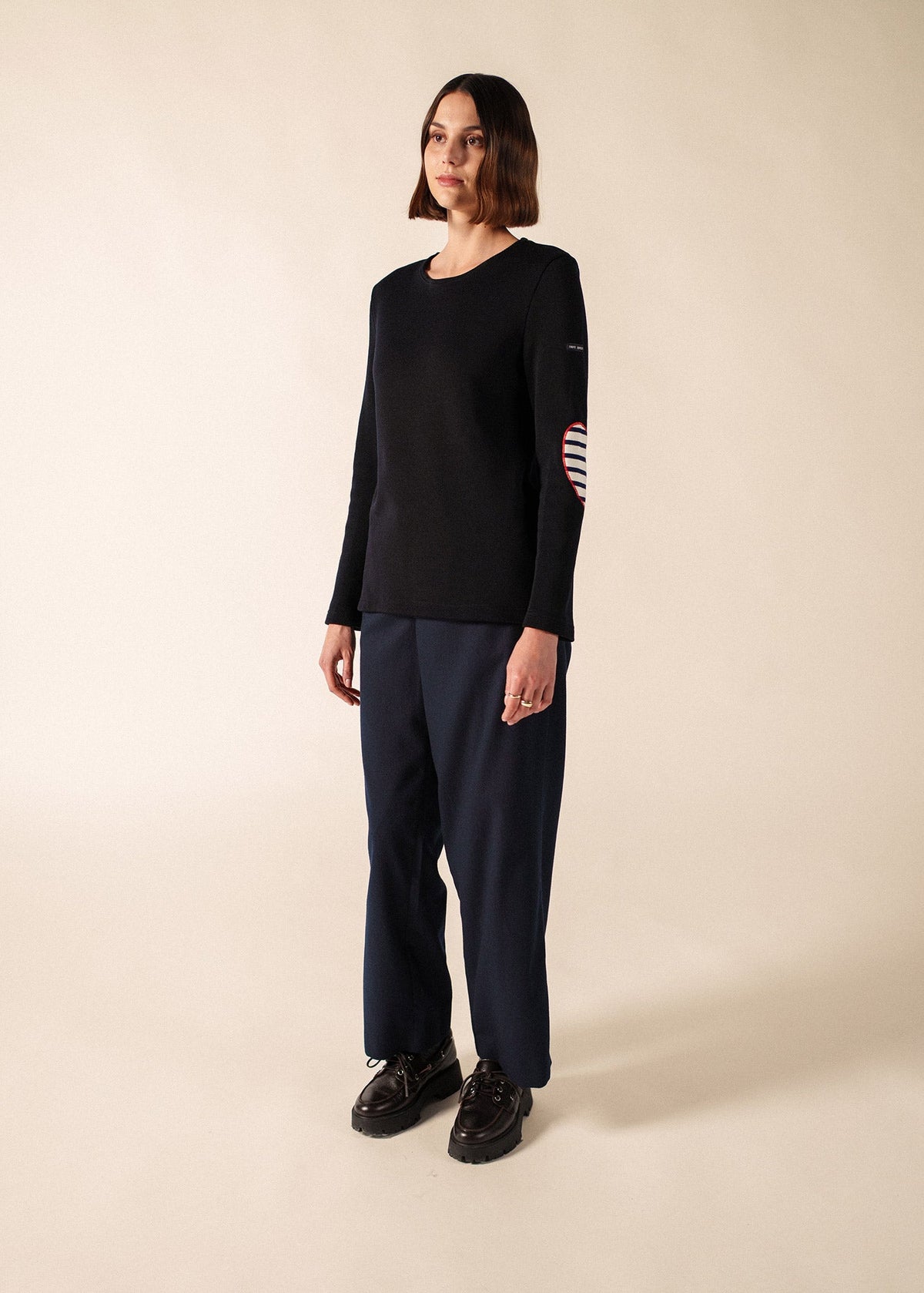 Saint James VAUJANY GEMINI navy wool sweater with red heart elbow patches - view 2
