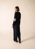 Saint James VAUJANY GEMINI navy wool sweater with red heart elbow patches - view 3