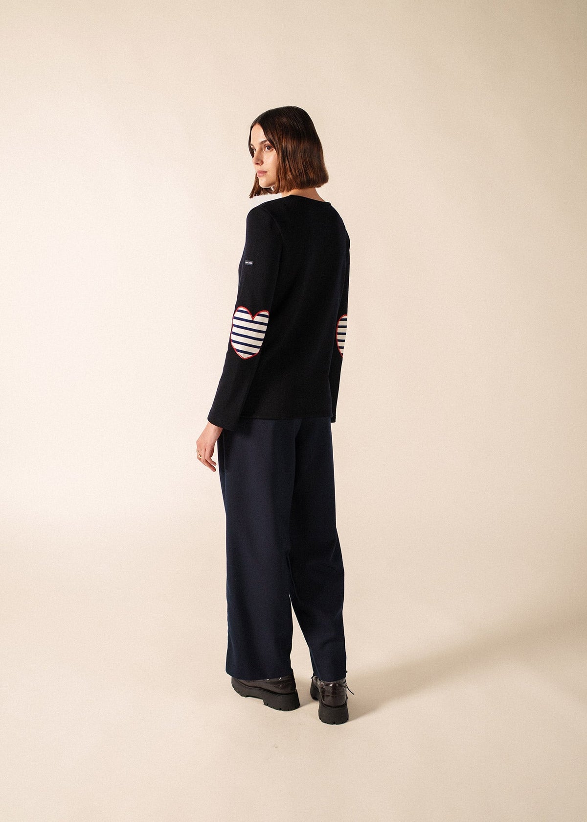 Saint James VAUJANY GEMINI navy wool sweater with red heart elbow patches - view 3
