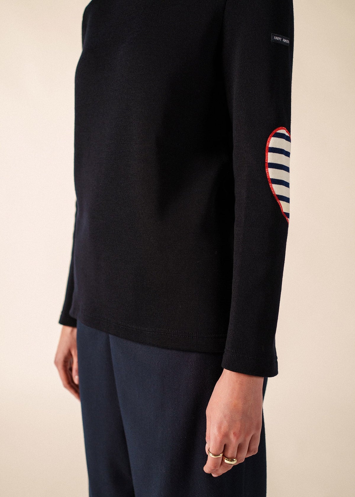 Saint James VAUJANY GEMINI navy wool sweater with red heart elbow patches - view 6
