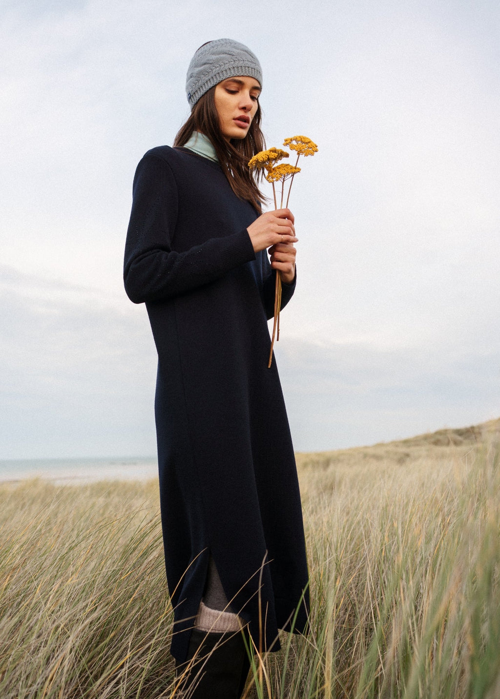 Saint James ASCOU navy rib knit wool sweater dress with pointelle sleeves