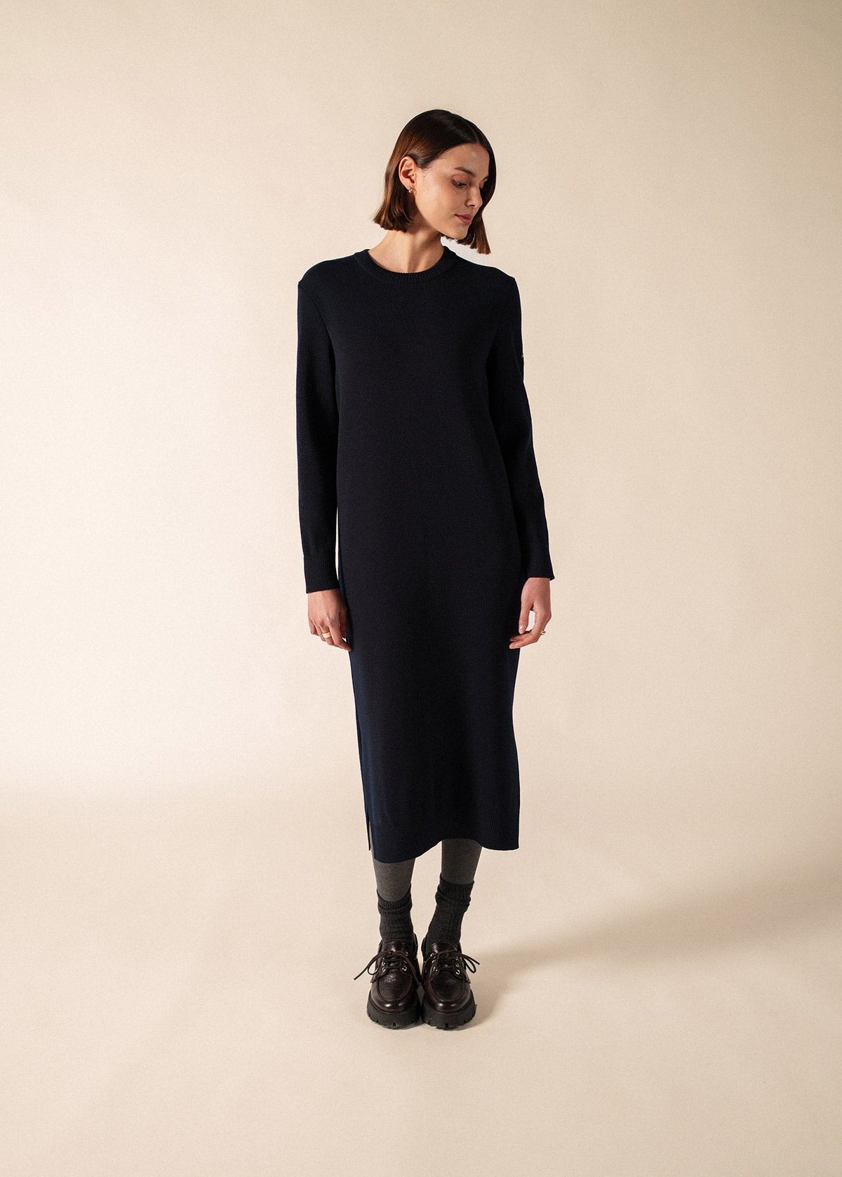 Saint James ASCOU navy rib knit wool sweater dress with pointelle sleeves - view 2