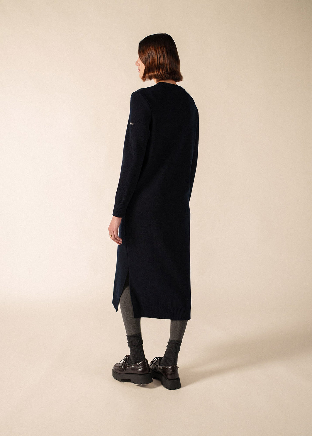 Saint James ASCOU navy rib knit wool sweater dress with pointelle sleeves - view 3