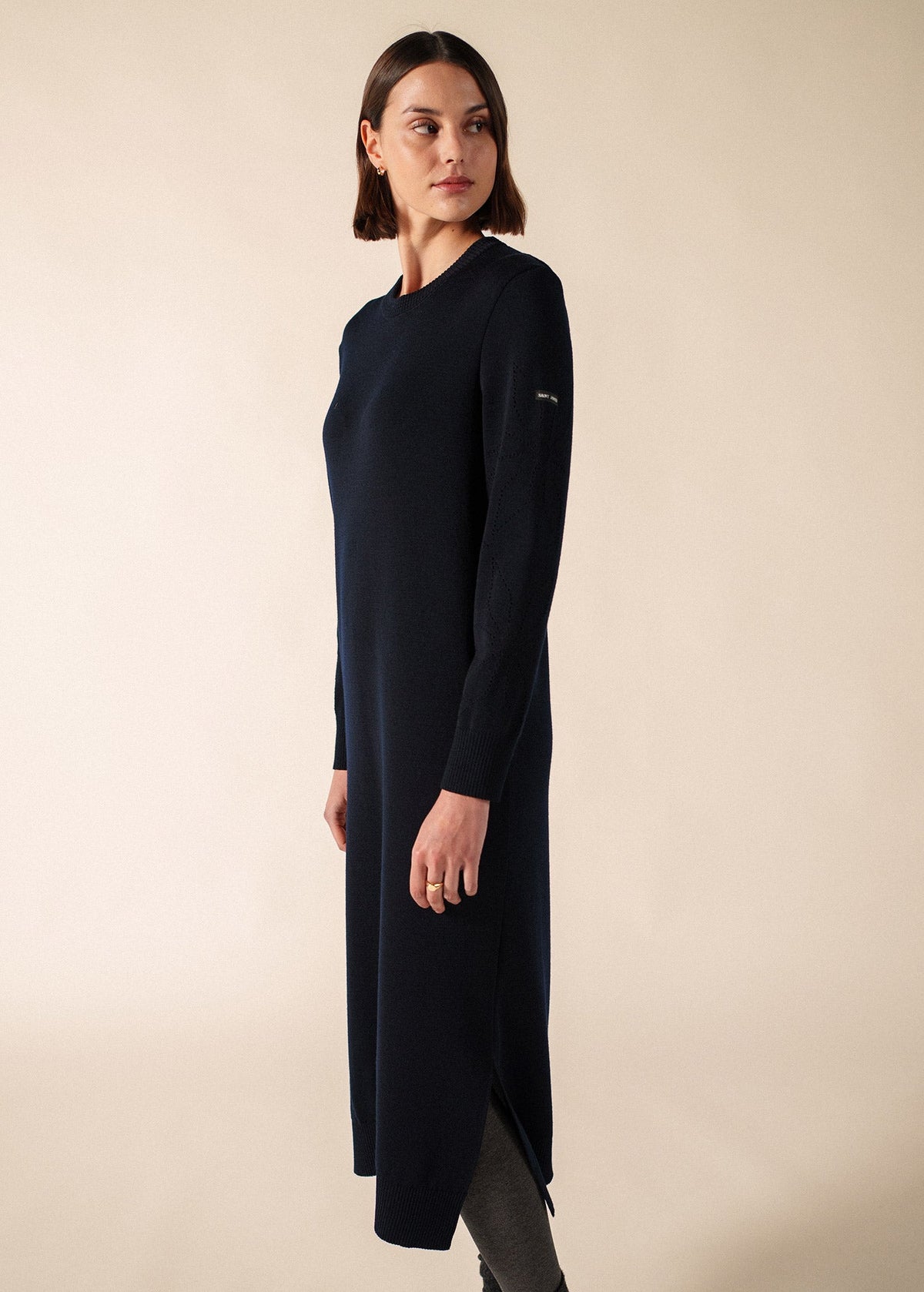 Saint James ASCOU navy rib knit wool sweater dress with pointelle sleeves - view 4
