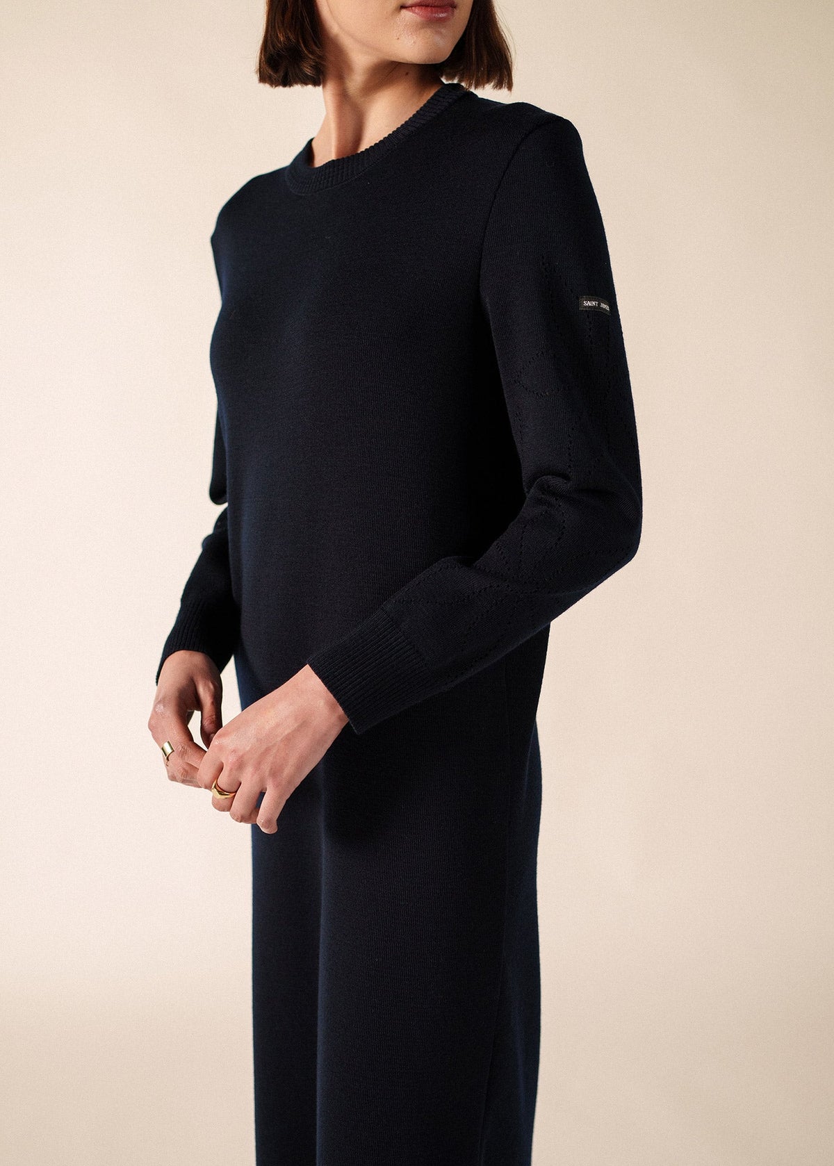 Saint James ASCOU navy rib knit wool sweater dress with pointelle sleeves - view 5