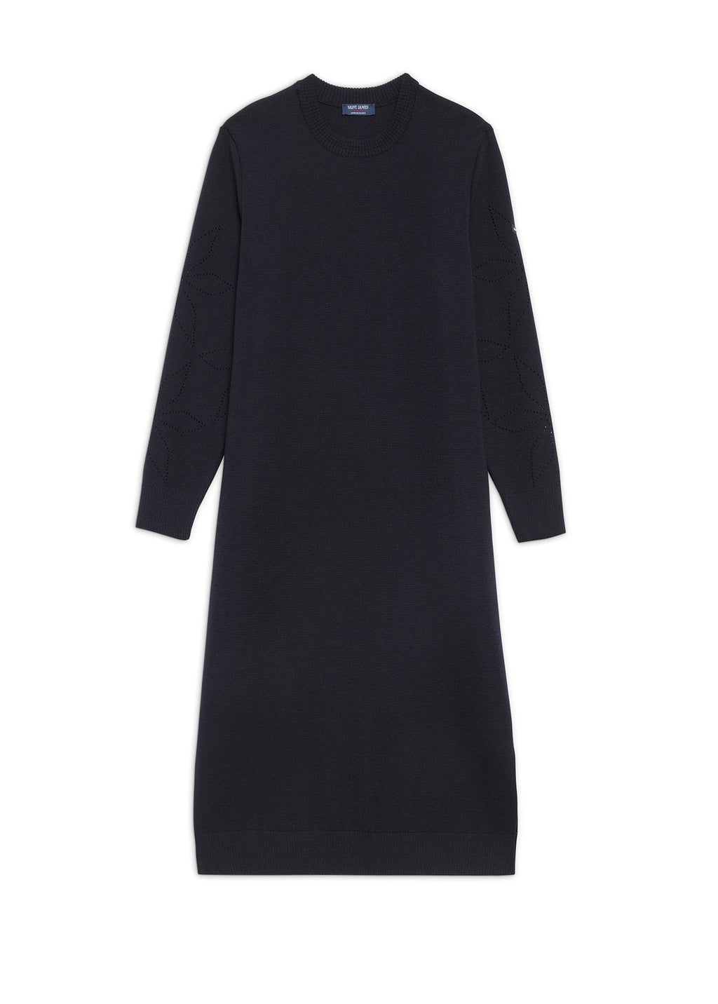 Saint James ASCOU navy rib knit wool sweater dress with pointelle sleeves - view 7
