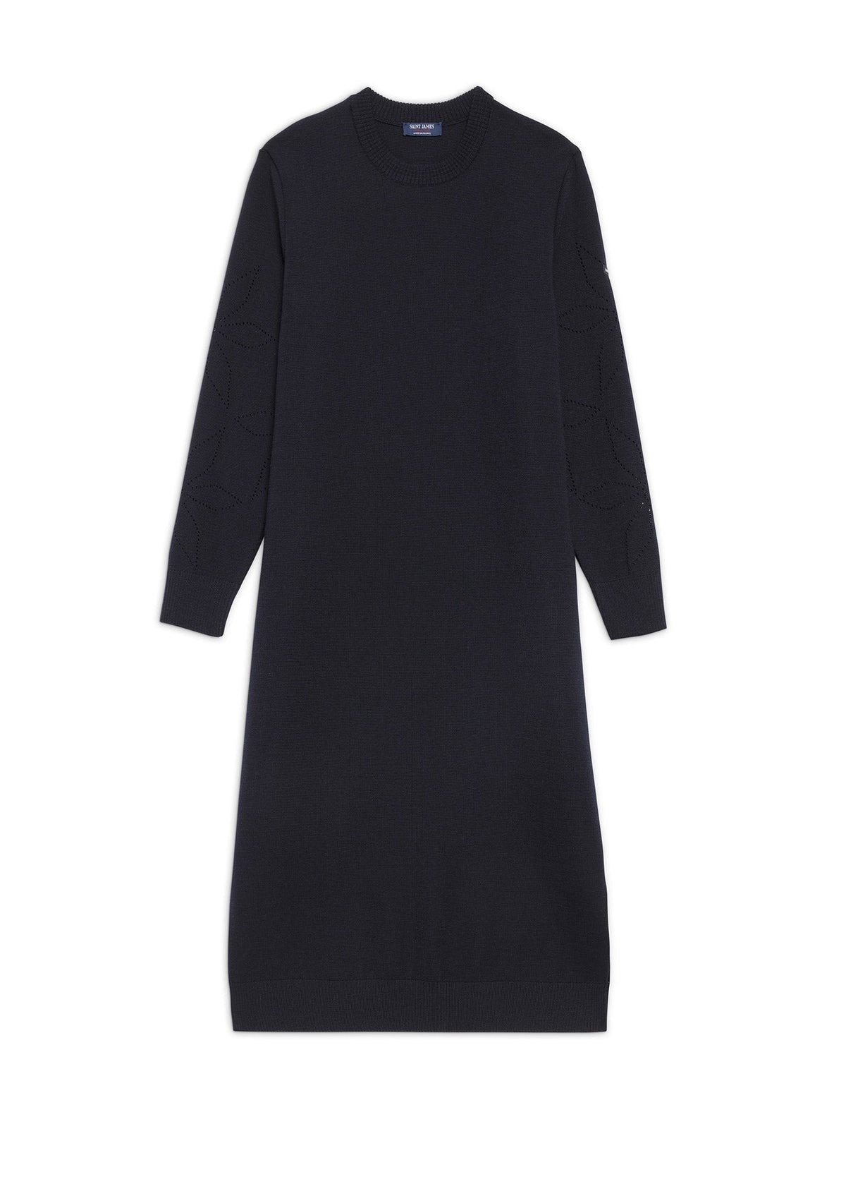 Saint James ASCOU navy rib knit wool sweater dress with pointelle sleeves - view 7