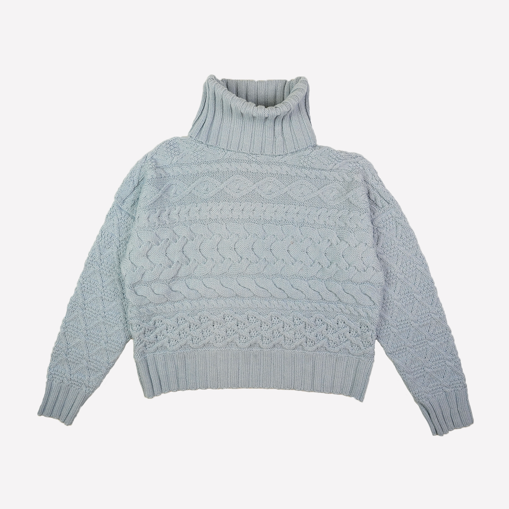 Light Blue merino wool cable knit turtleneck sweater - view 2