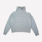 Light Blue merino wool cable knit turtleneck sweater - view 2