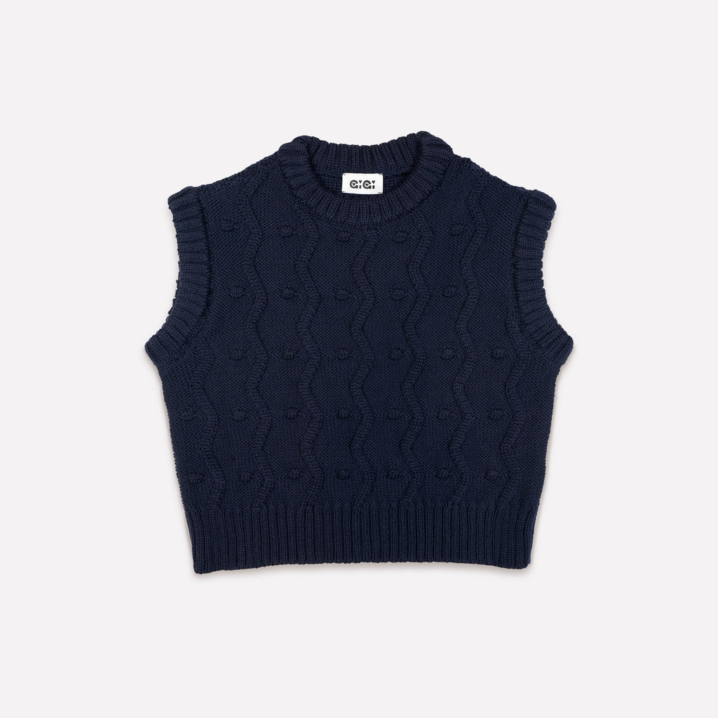 Navy merino wool sweater vest with zig-zags and mini pom-poms - view 2