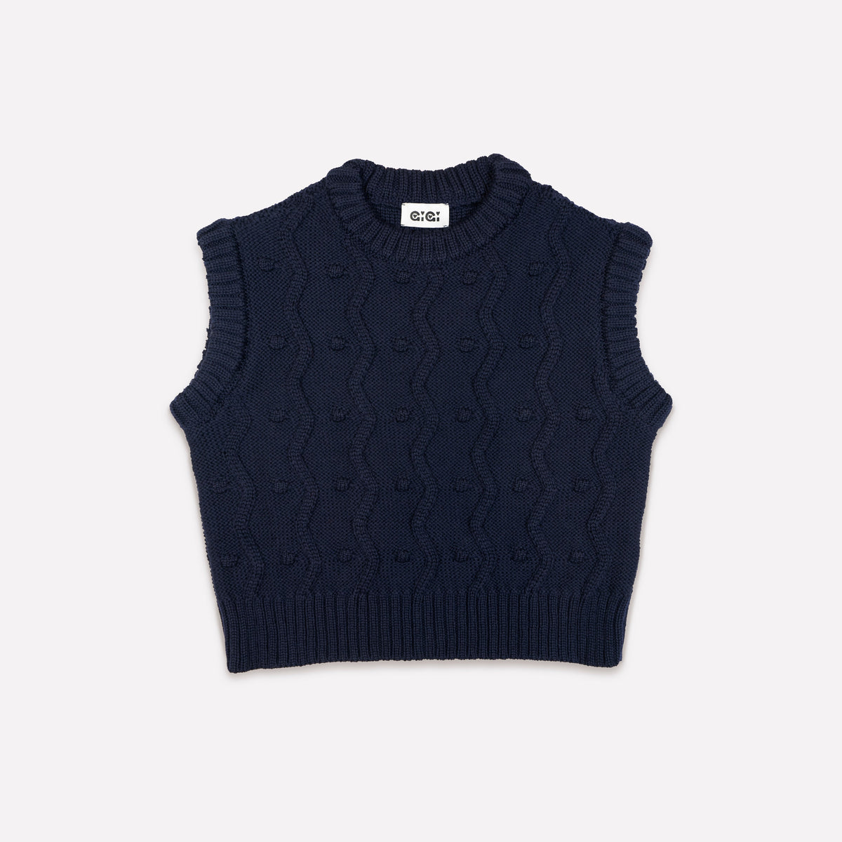 Navy merino wool sweater vest with zig-zags and mini pom-poms - view 2