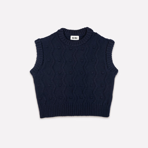 Navy merino wool sweater vest with zig-zags and mini pom-poms - view 2