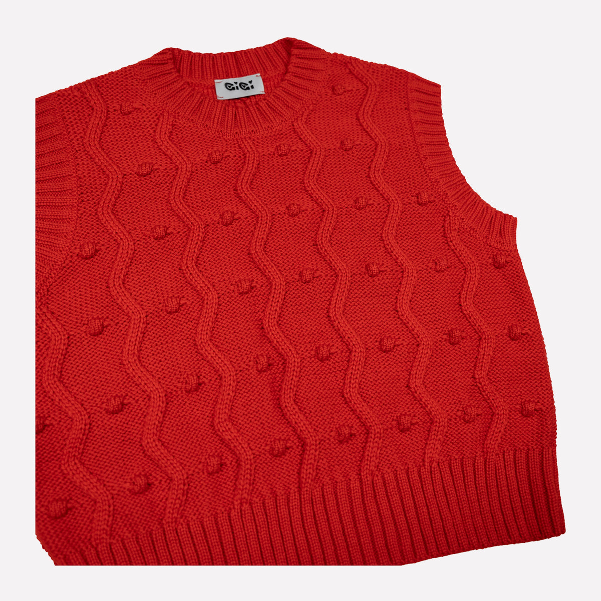 Red merino wool sweater vest with zig-zags and mini pom-poms - view 2