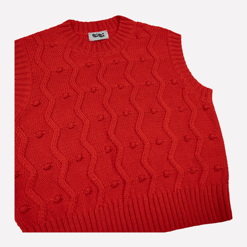 Red merino wool sweater vest with zig-zags and mini pom-poms - view 2