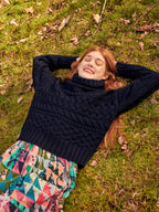 Navy merino wool cable knit turtleneck sweater - view 3