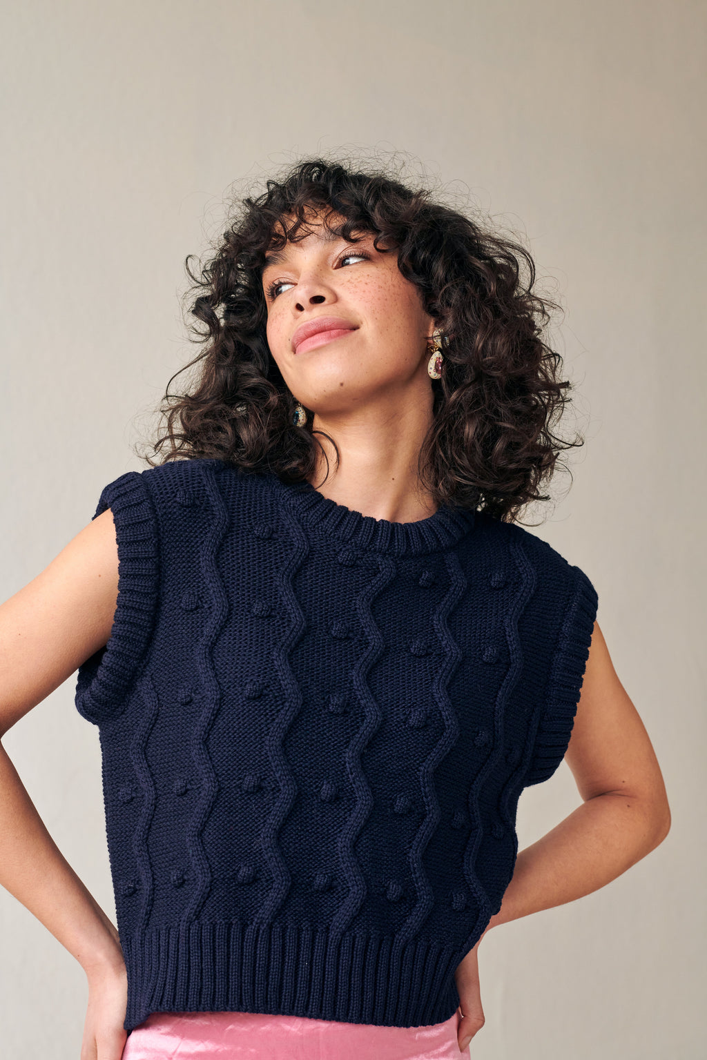 Navy merino wool sweater vest with zig-zags and mini pom-poms - view 3