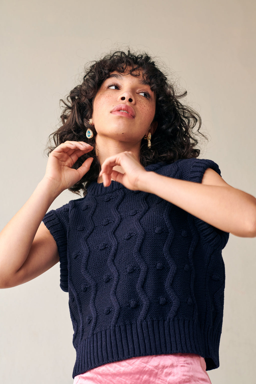 Navy merino wool sweater vest with zig-zags and mini pom-poms - view 4