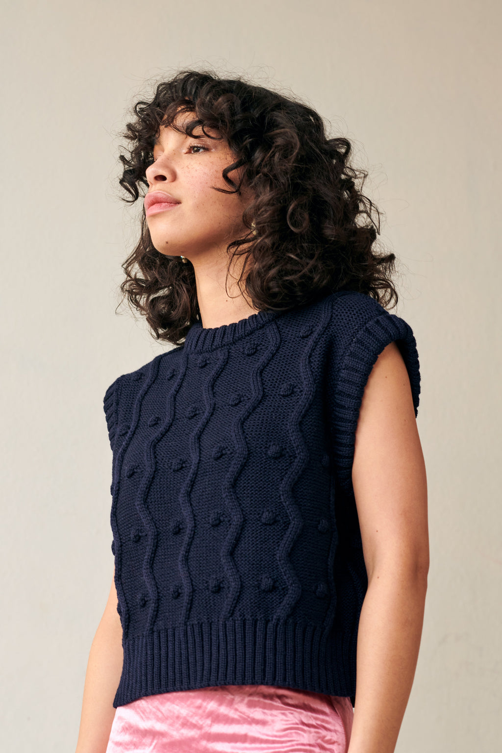 Navy merino wool sweater vest with zig-zags and mini pom-poms - view 5
