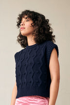 Navy merino wool sweater vest with zig-zags and mini pom-poms - view 5