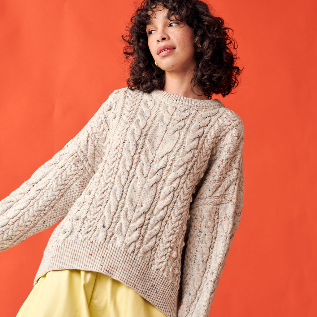 Oversized natural speckle merino cable knit fisherman sweater