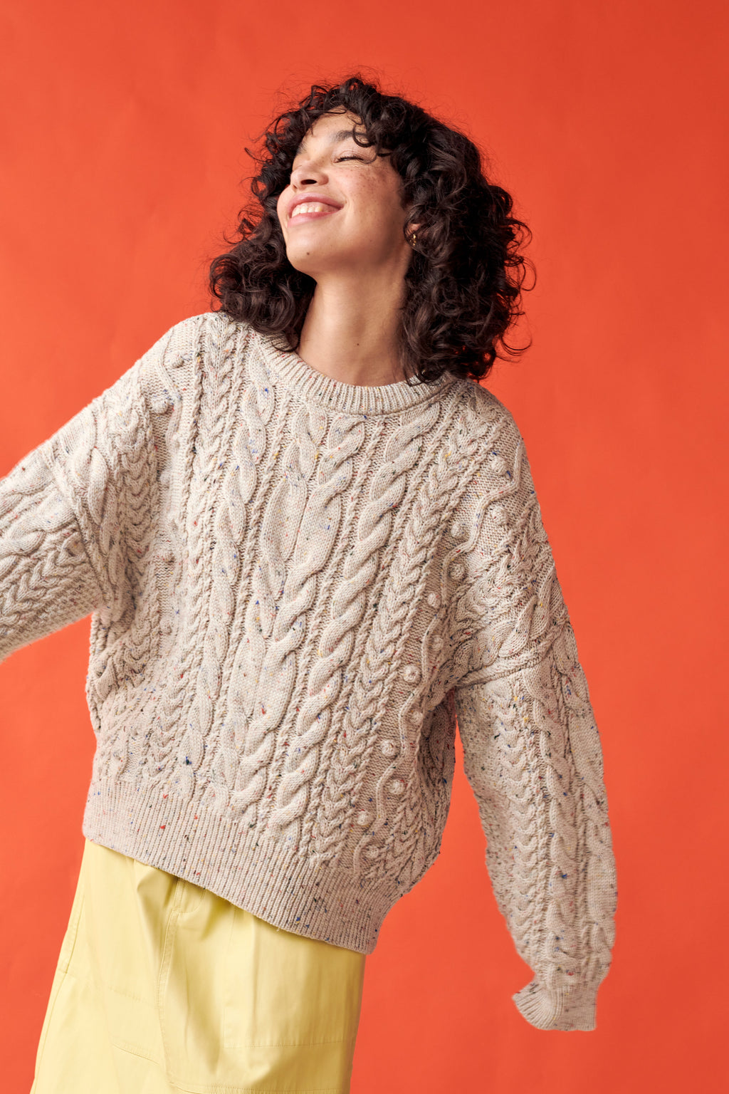 Oversized natural speckle merino cable knit fisherman sweater - view 5