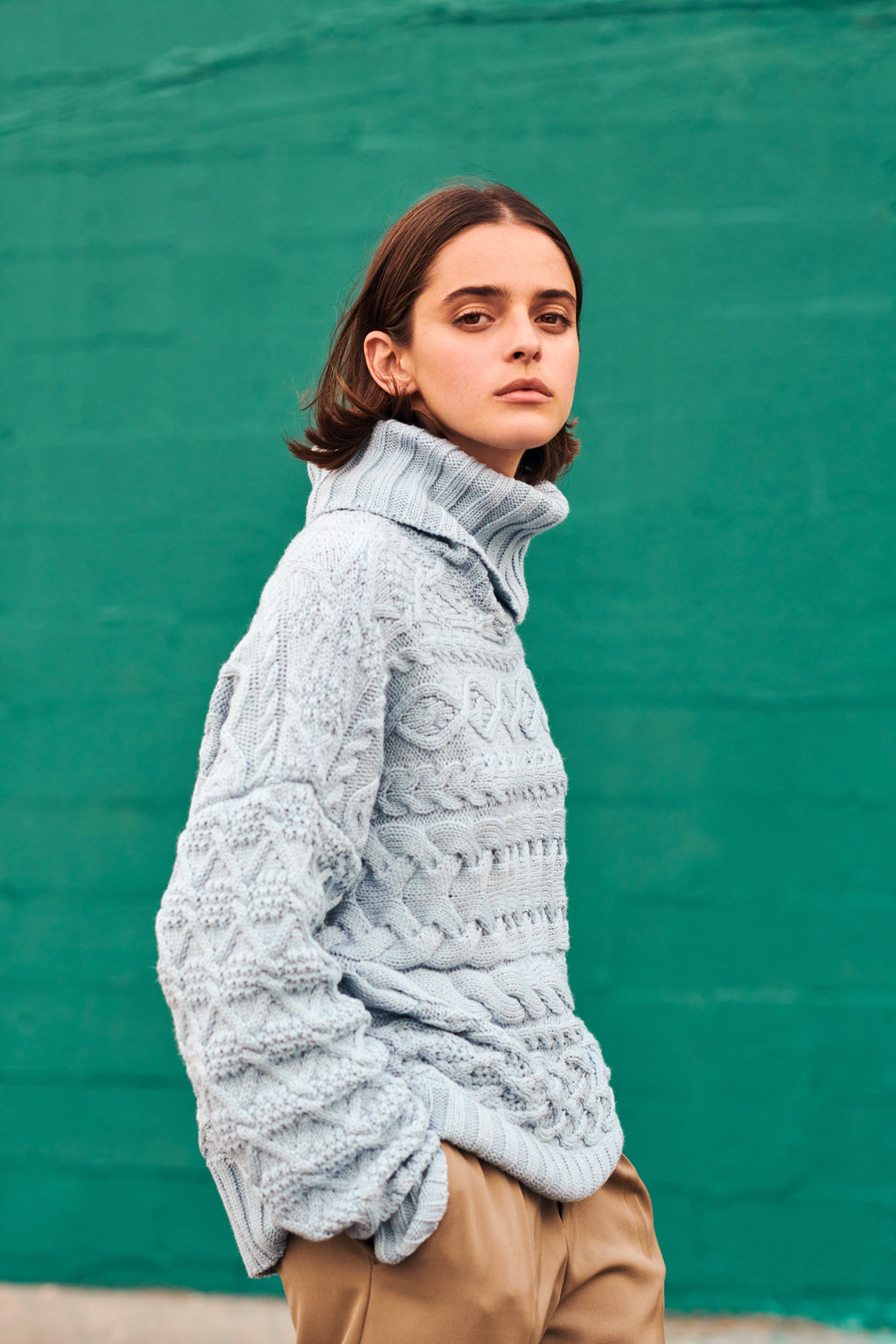 Light Blue merino wool cable knit turtleneck sweater - view 3