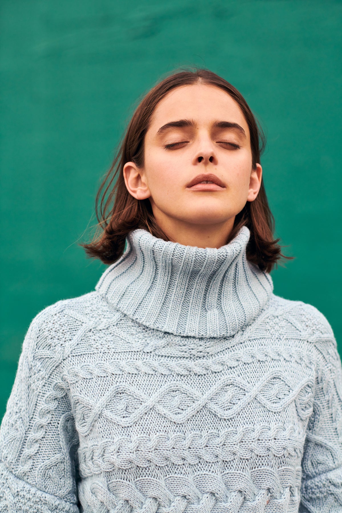 Light Blue merino wool cable knit turtleneck sweater - view 4