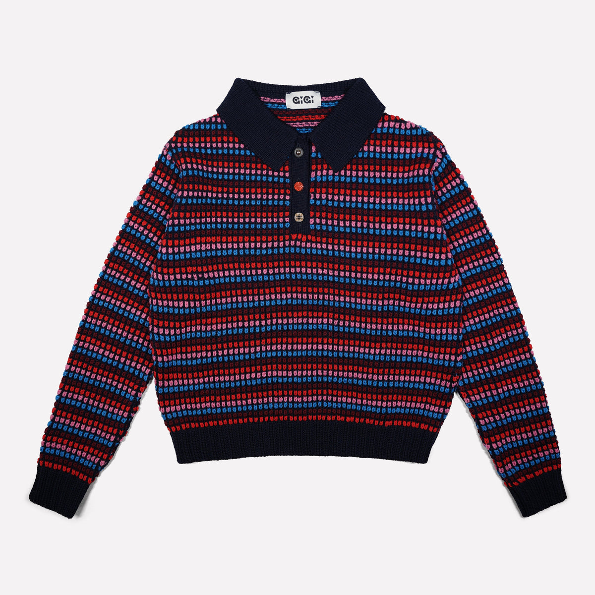 Navy multicolor striped merino polo sweater with vintage buttons