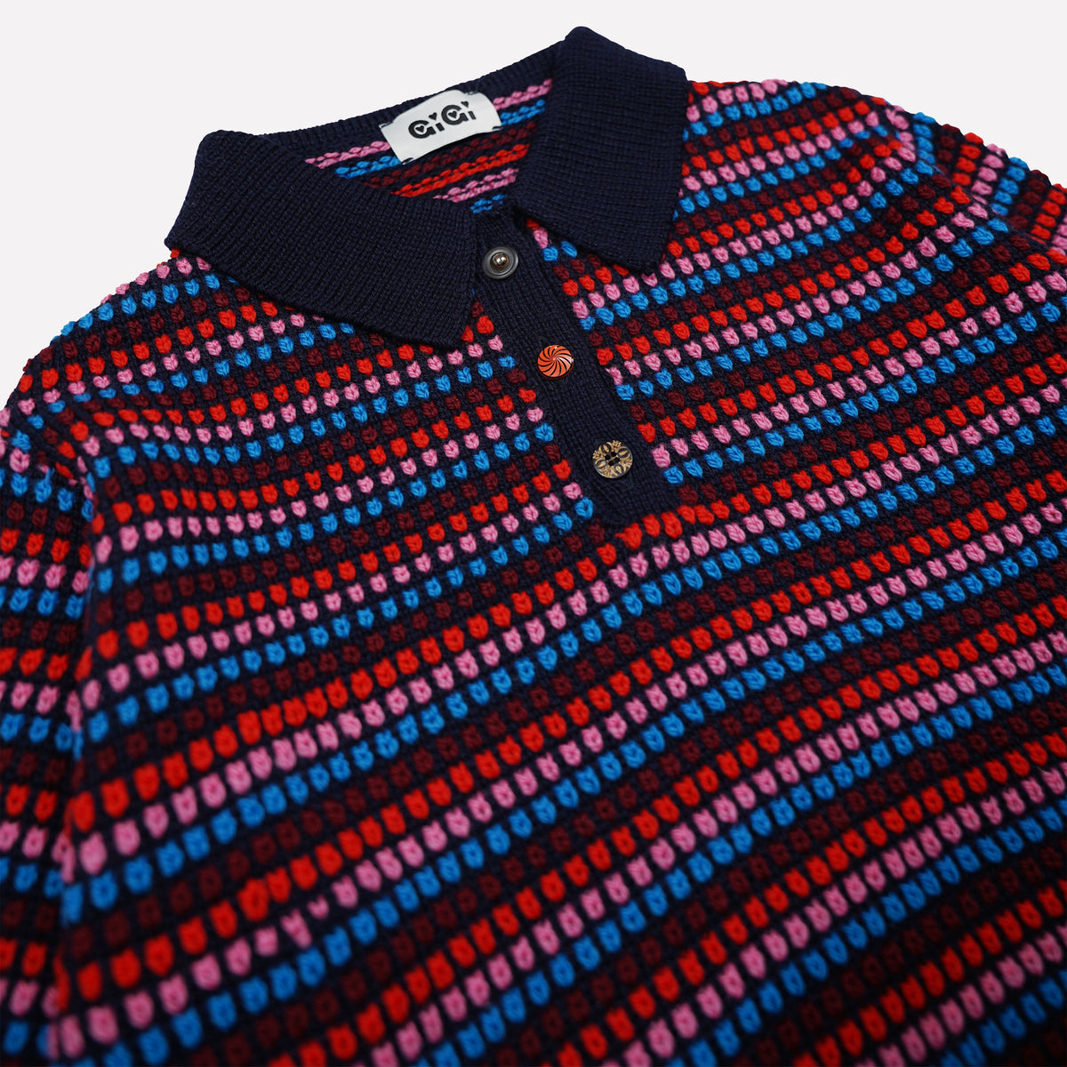 Navy multicolor striped merino polo sweater with vintage buttons - view 2