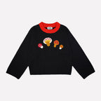 Black merino wool sweater with hand-crocheted mushrooms and red collar - view 2