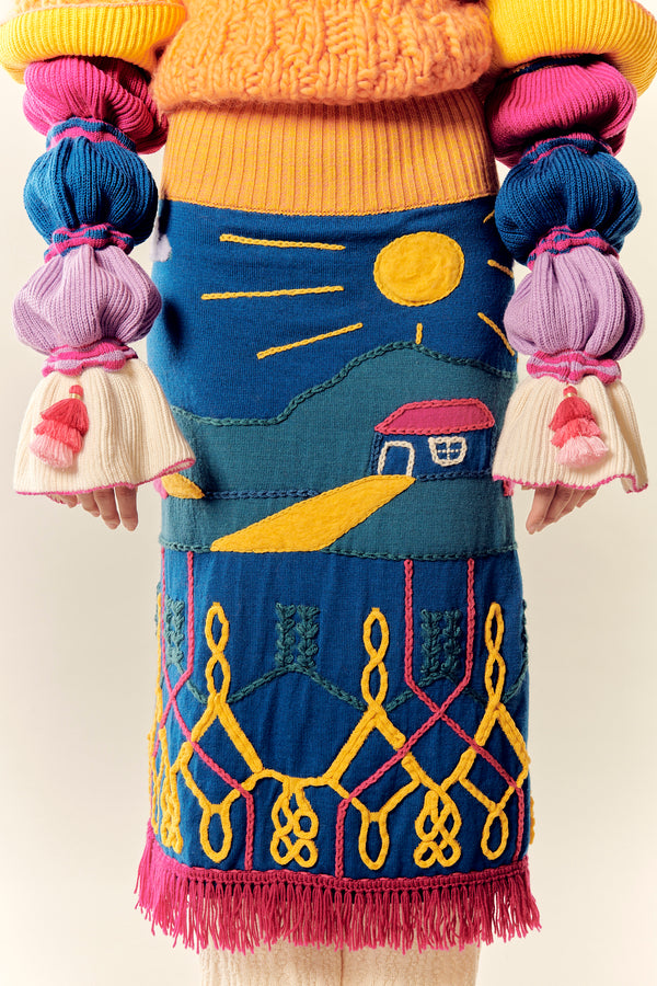 Mediodía Scenic knit jacquard skirt with landscape-inspired pattern by Matríaca Studio