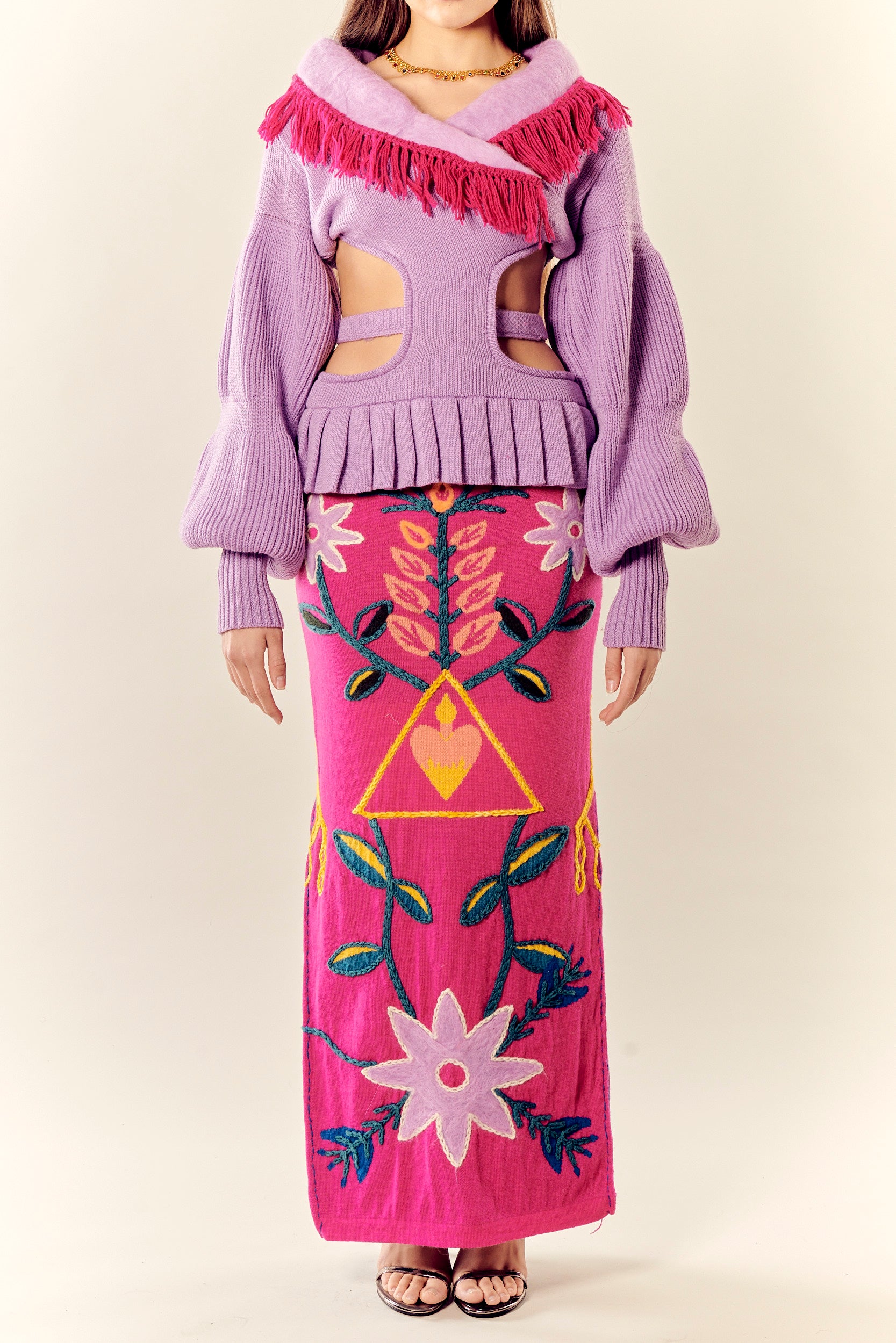 Rosal Purple Cut-Out Knit Jacket with Felted Collar & Crochet Fringe