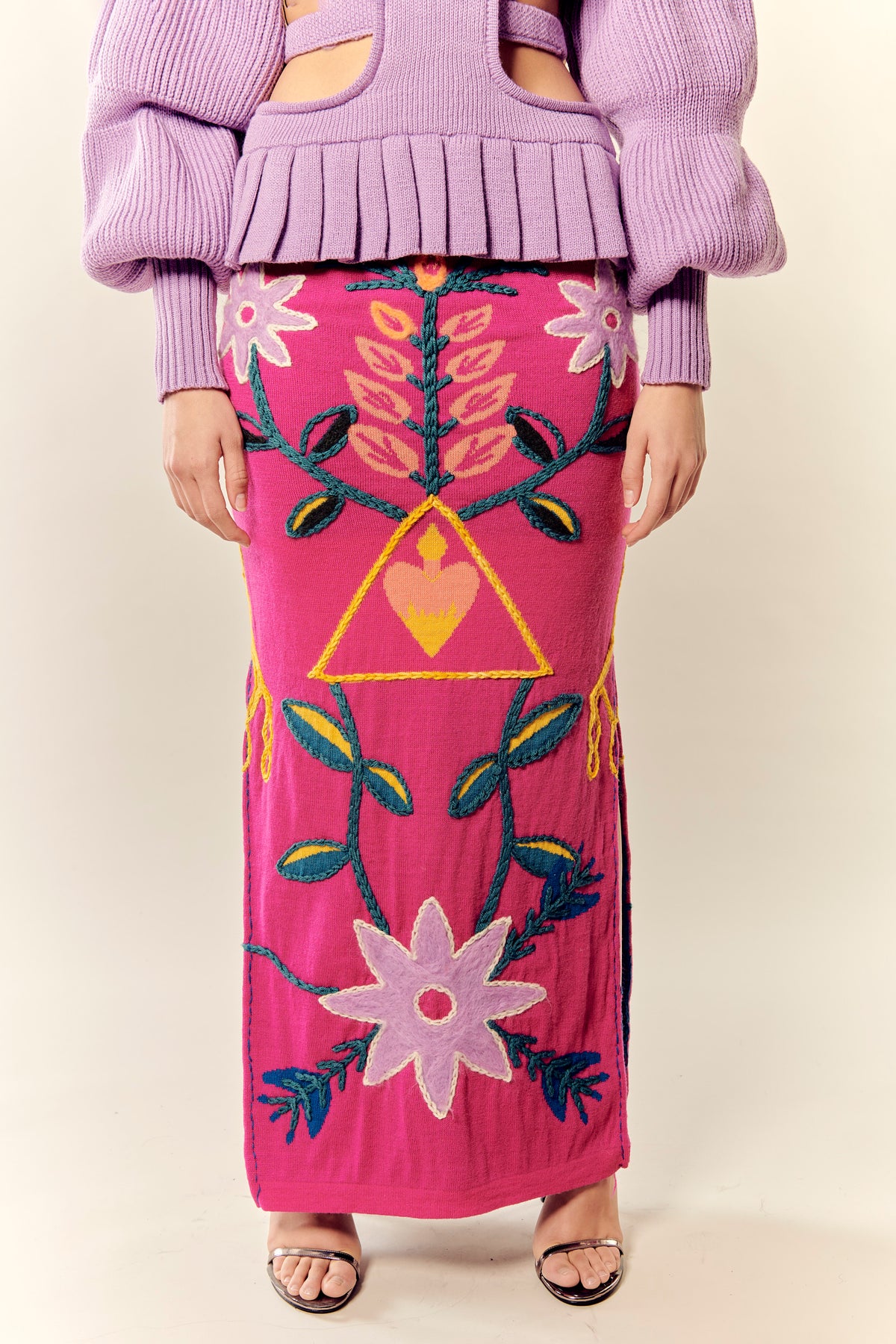 Rosal magenta long knit jacquard skirt by Matríaca Studio