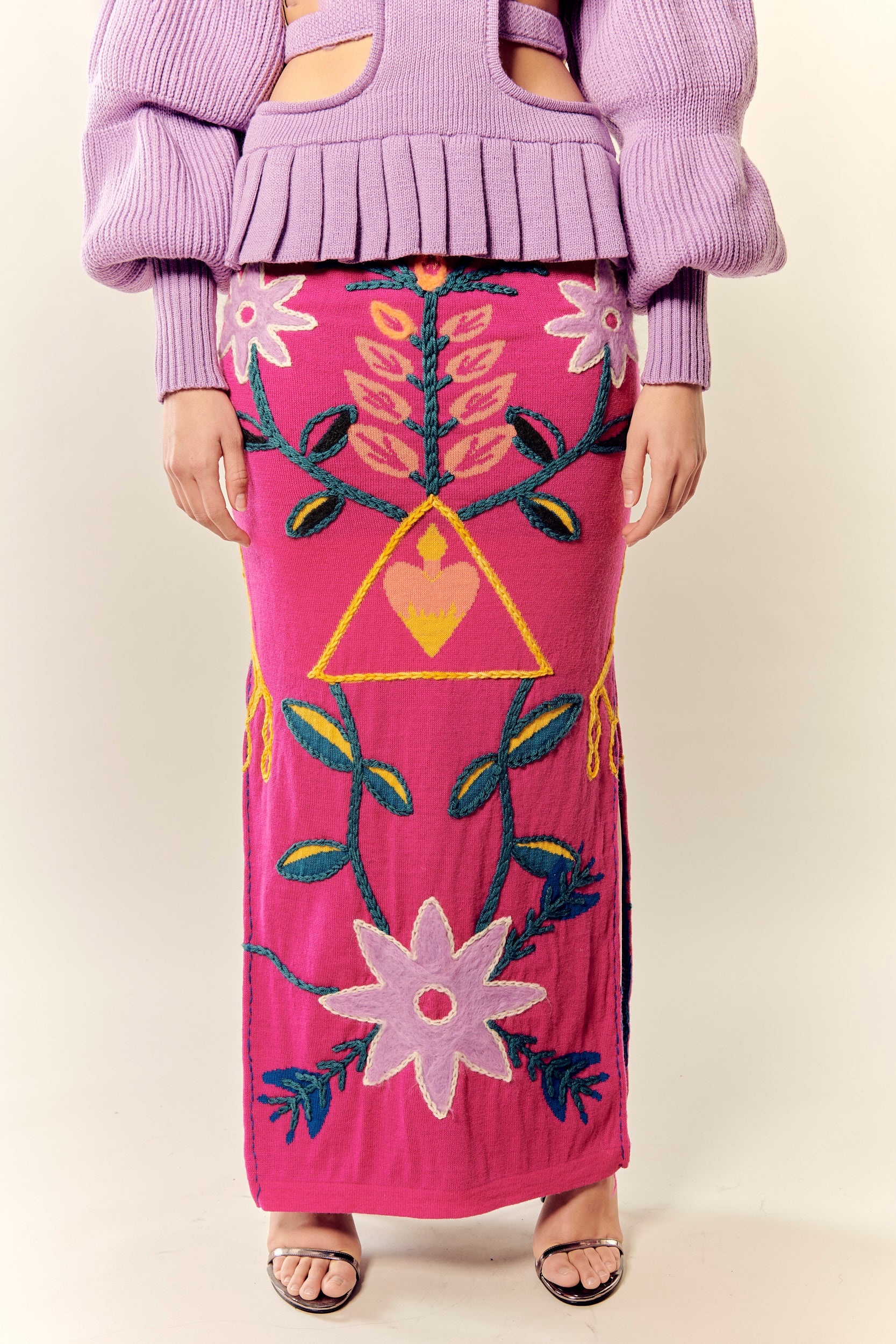 Rosal Magenta Long Knit Jacquard Skirt