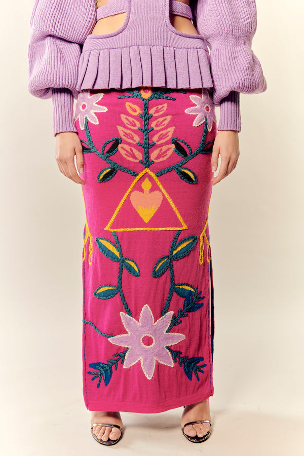 Rosal magenta long knit jacquard skirt by Matríaca Studio