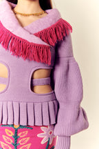 Rosal Purple Cut-Out Knit Jacket with Felted Collar & Crochet Fringe