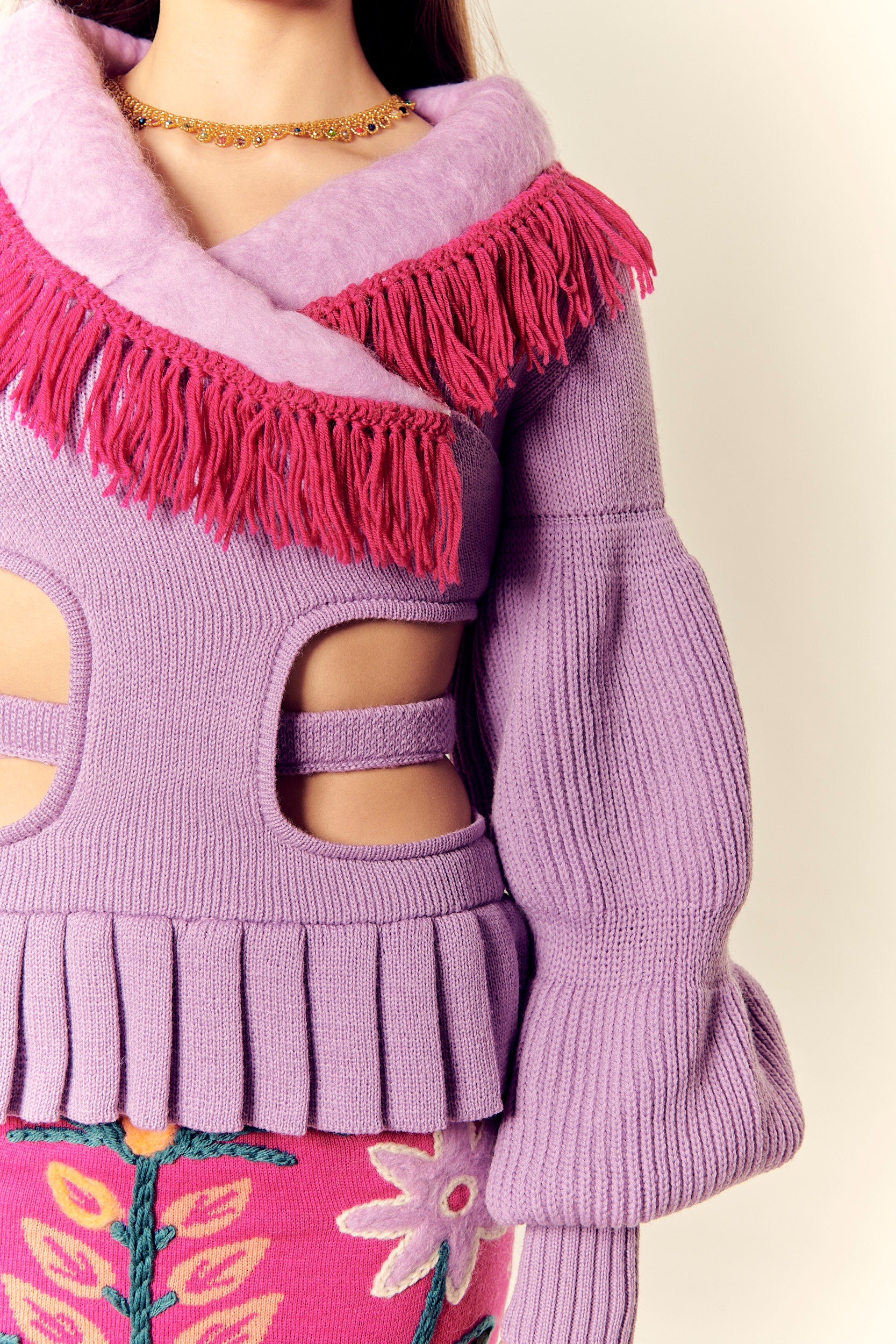 Rosal Purple Cut-Out Knit Jacket with Felted Collar & Crochet Fringe