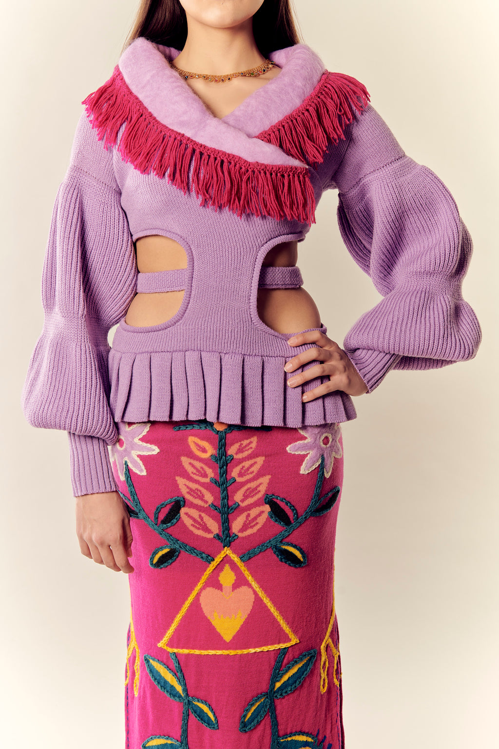 Rosal Purple Cut-Out Knit Jacket with Felted Collar & Crochet Fringe
