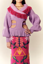 Rosal Purple Cut-Out Knit Jacket with Felted Collar & Crochet Fringe