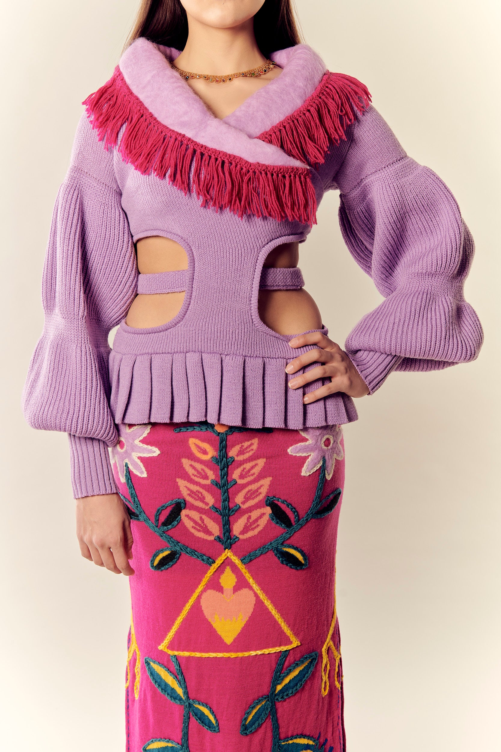 Rosal Purple Cut-Out Knit Jacket with Felted Collar & Crochet Fringe