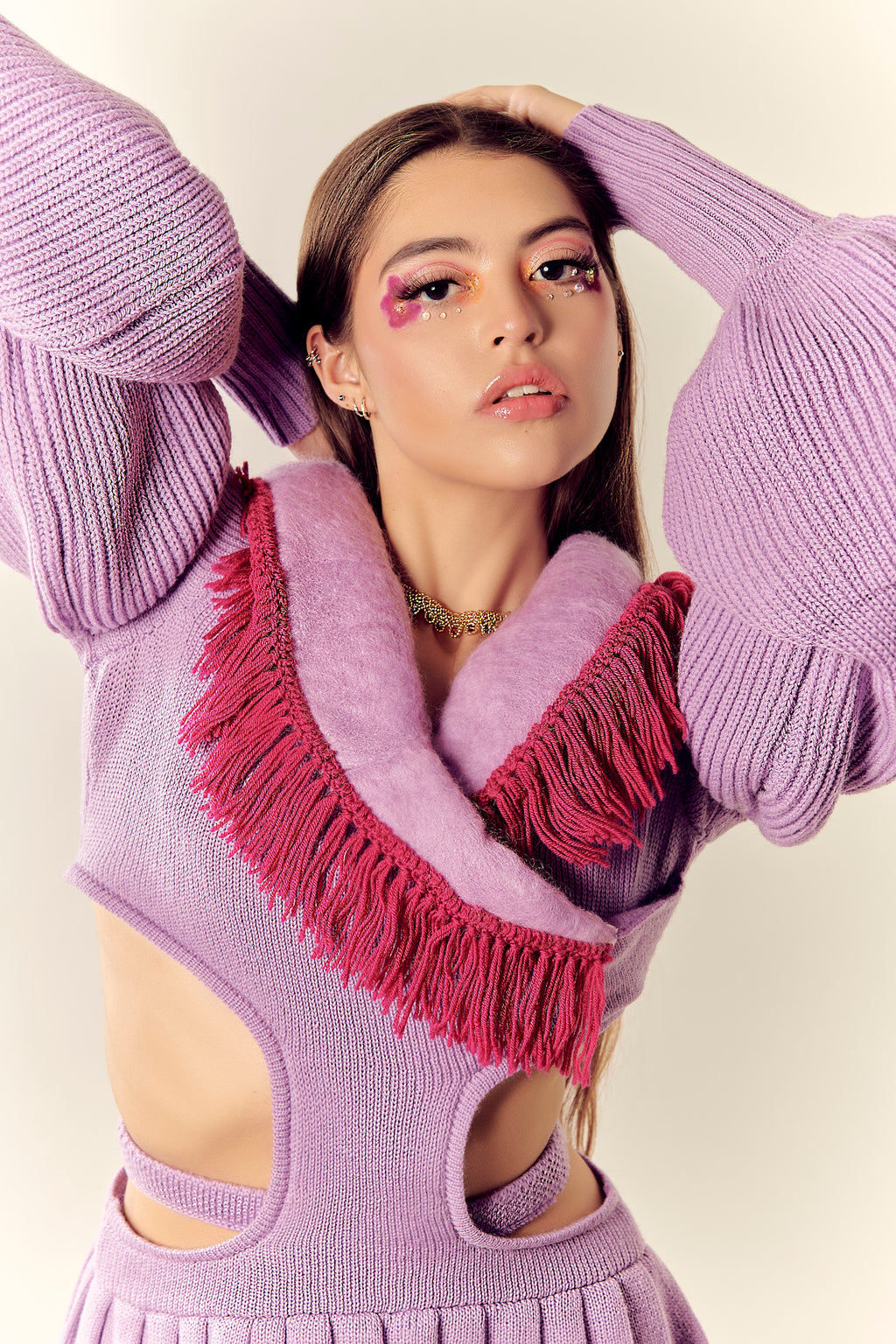 Rosal Purple Cut-Out Knit Jacket with Felted Collar & Crochet Fringe