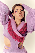 Rosal Purple Cut-Out Knit Jacket with Felted Collar & Crochet Fringe