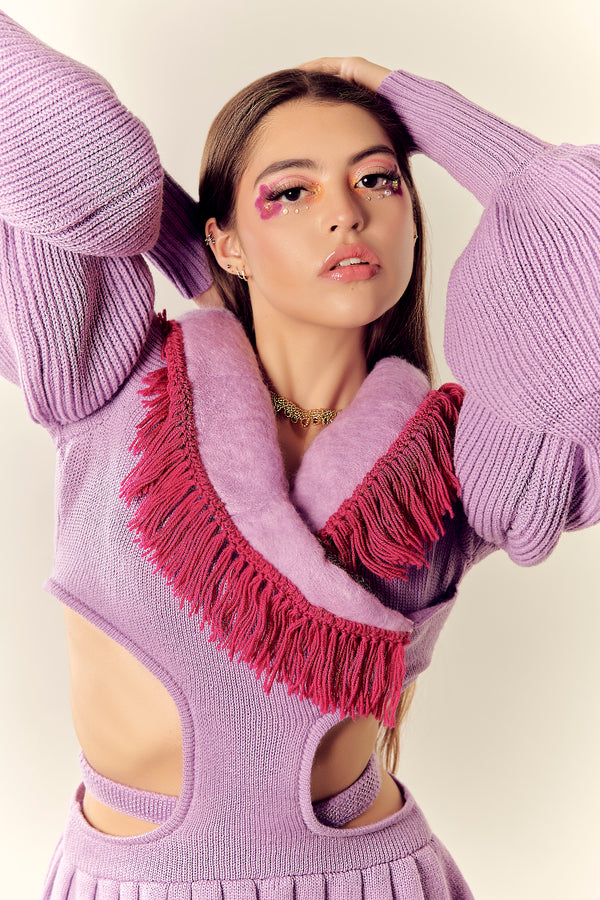 Rosal purple cut-out knit jacket with felted collar and crochet fringe