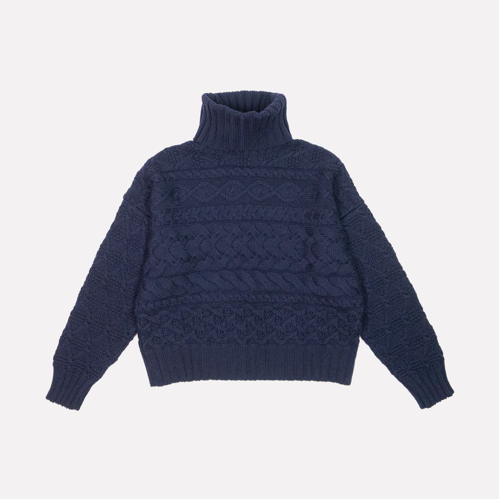 Navy merino wool cable knit turtleneck sweater - view 2