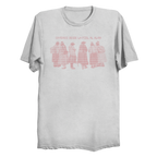 White t-shirt with pink graphic design on a white background