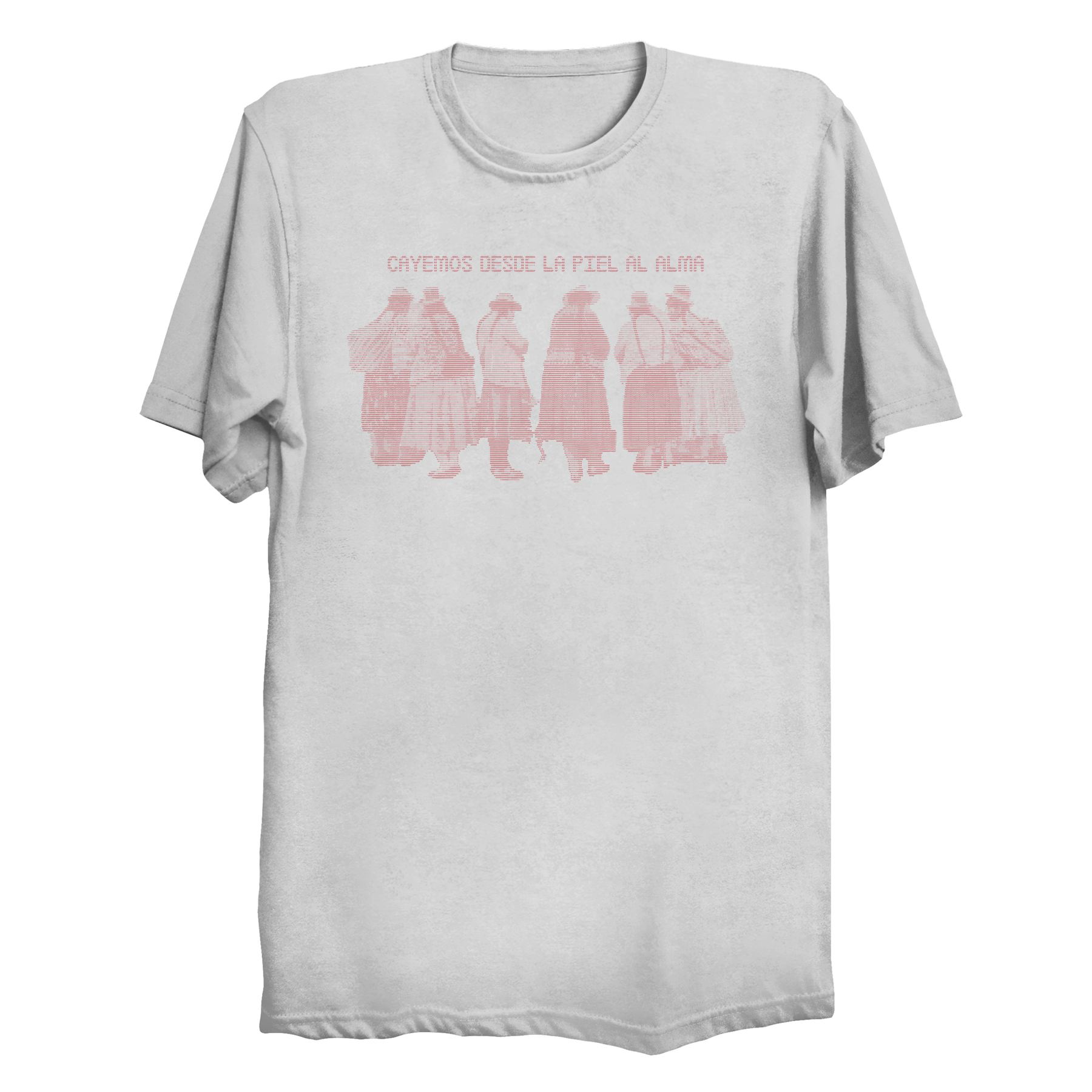 White t-shirt with pink graphic design on a white background